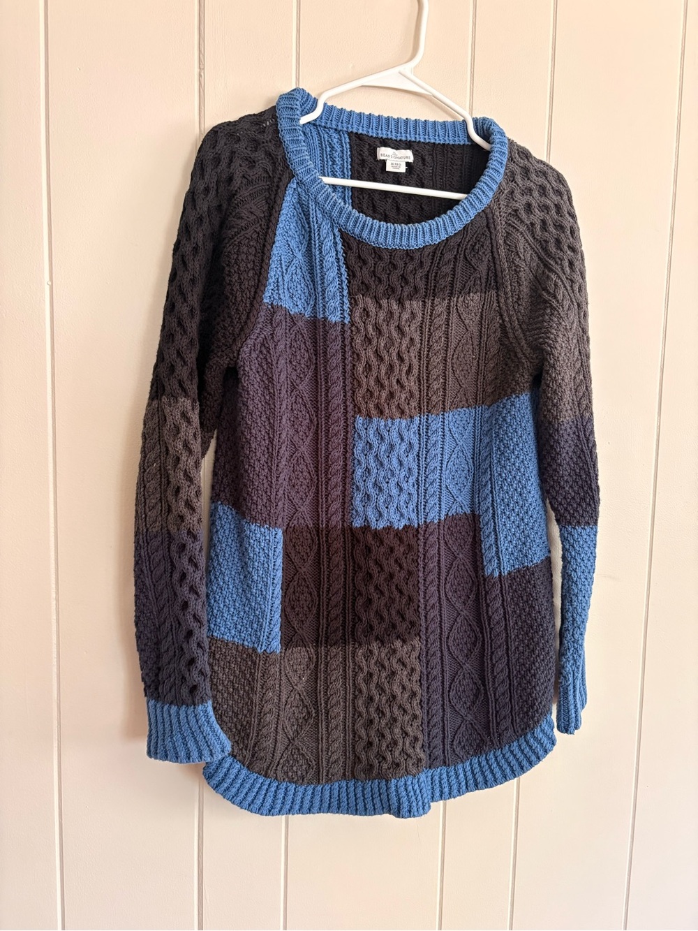 L.L. Bean Colorblock Cable-Knit Sweater in Blue, Black and Gray
